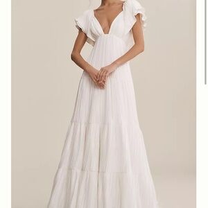 White Plunge Ruffle-Shoulder Maxi Wedding Dress - BHLDN Valerie
